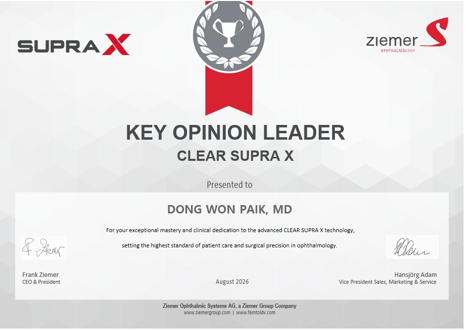Ziemer Key Opinion Leader certificate for CLEAR SUPRA X presented to Dong Won Paik, MD